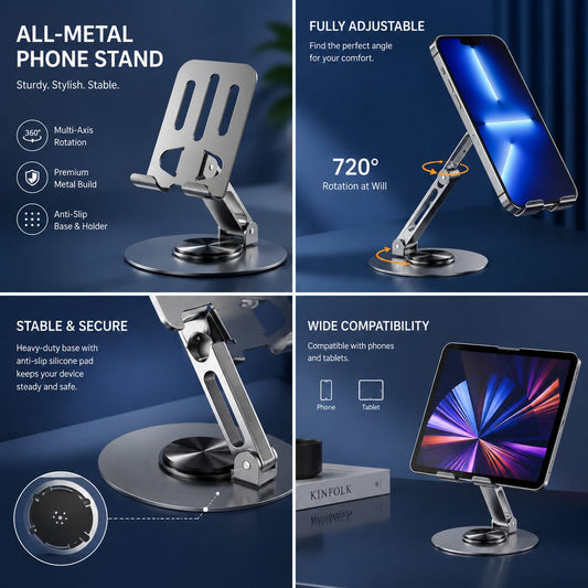 All Metal 360 Rotating Phone Stand Holder — Adjustable Desktop Tablet Stand for Mobile iPhone iPad Pakistan