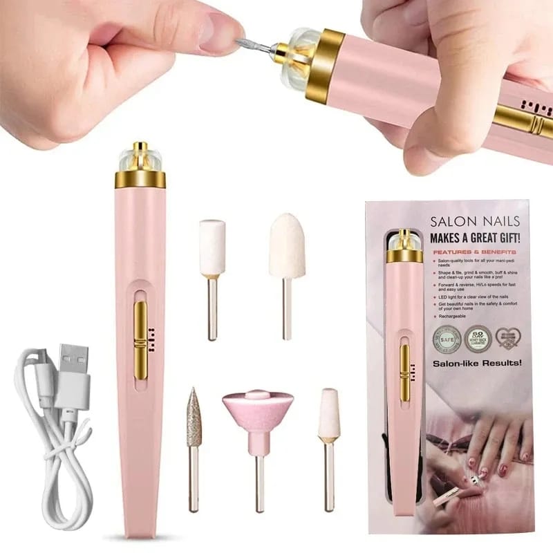 Electric Nail Drill Machine 5 in 1 Rechargeable — Salon Nail File Buffer Manicure Pedicure Kit for Women Pakistan