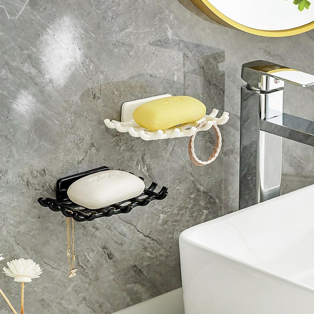 Wall Soap Dish Holder with Hooks — No Drill Bathroom Organizer