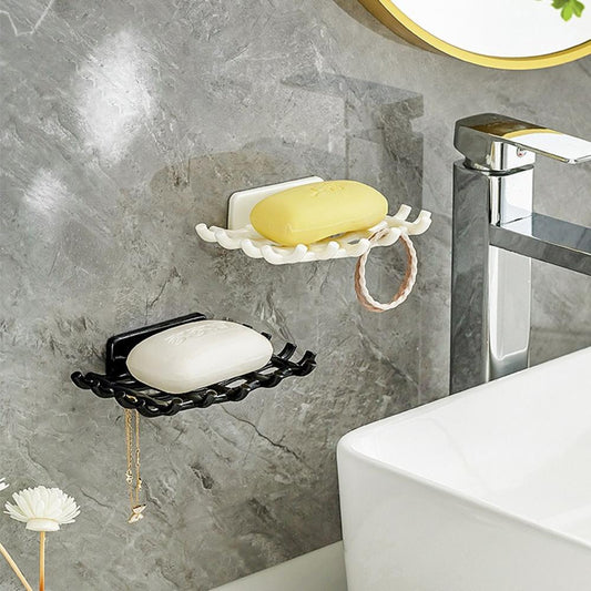 Wall Soap Dish Holder with Hooks — No Drill Bathroom Organizer