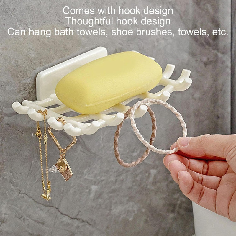 Wall Soap Dish Holder with Hooks — No Drill Bathroom Organizer