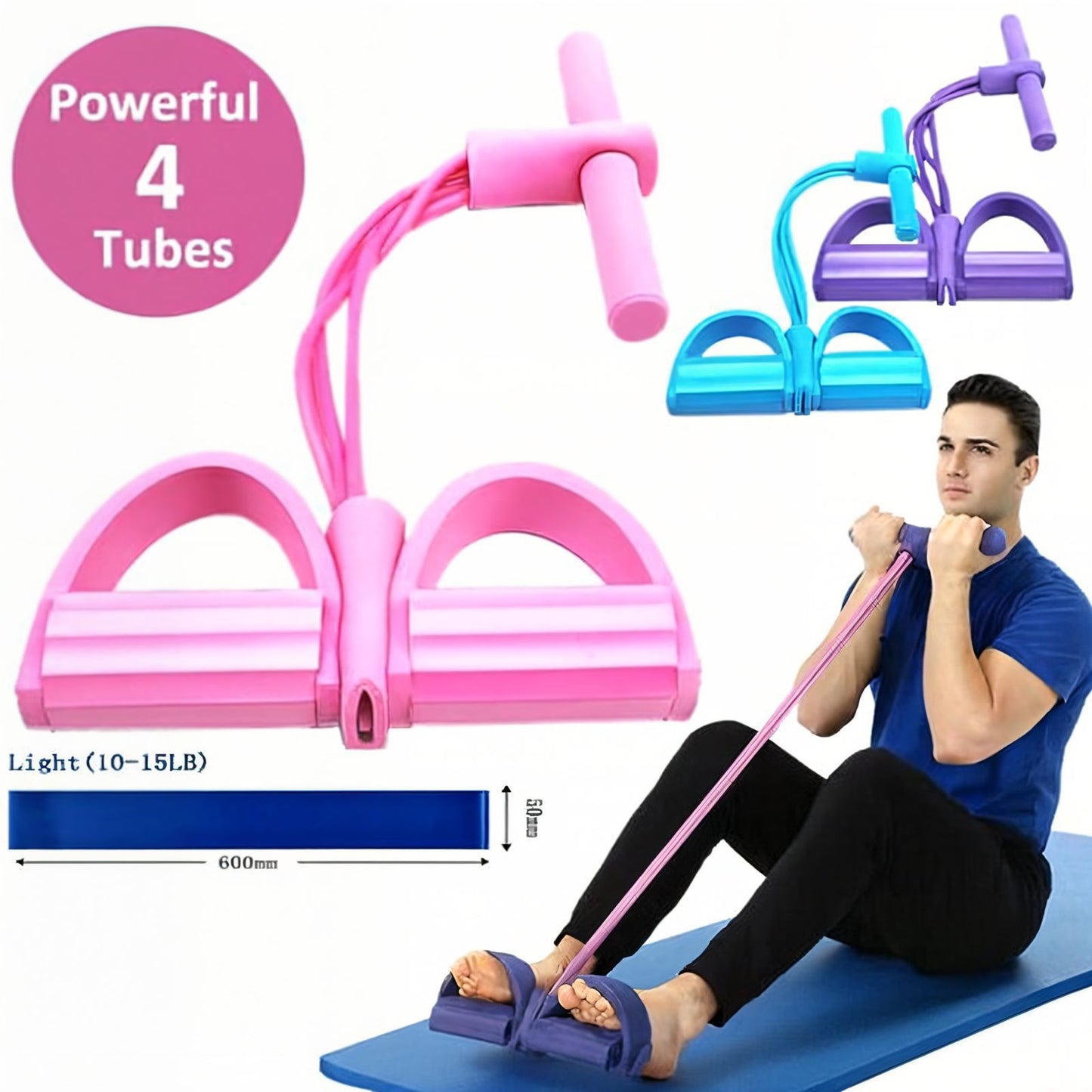 4 Tube Pedal Resistance Band Exerciser — Home Gym Sit Up Puller, Full Body Workout Equipment Pakistan